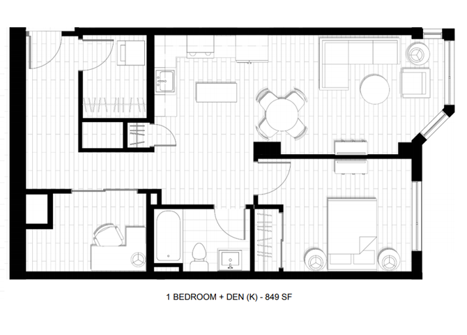 Floor plan for 1 bed, 1 bath, 849 sqft